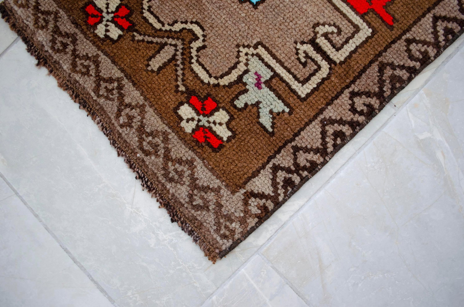 Distressed Low Pile Turkish Small Petite Rug Hand Knotted Organic Wool Mat - 17'' X 34'' - 8