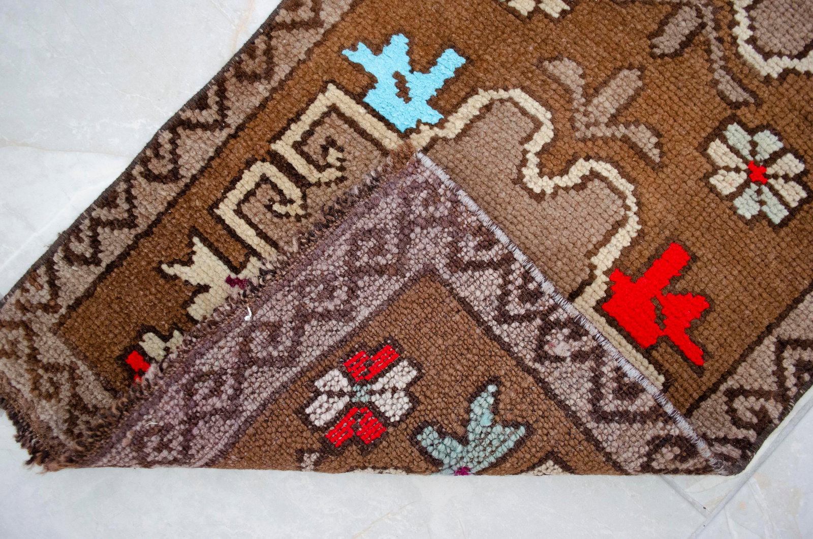 Distressed Low Pile Turkish Small Petite Rug Hand Knotted Organic Wool Mat - 17'' X 34'' - 9