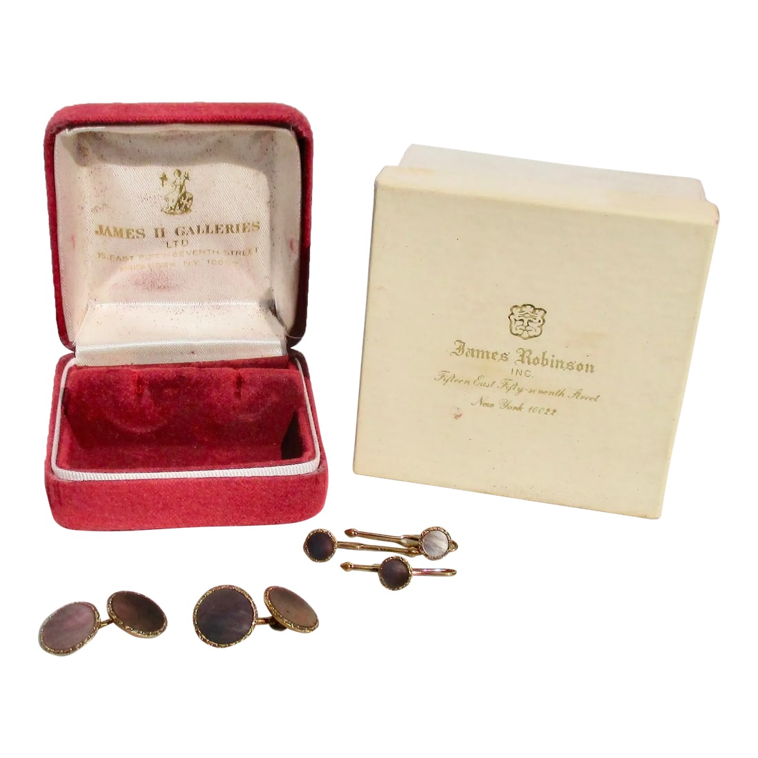 14 Kt Gold Stud Set Circa Mid-Century: Finely detailed stud set by Krementz circa 50s'. 14kt crimped edges with sleek abalone disks of shimmering rainbow tones. Fine evening wear. two cufflinks and three button holders. The measurements