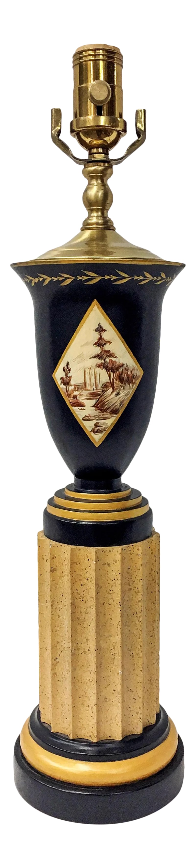 Vintage Mid Century Trophy Lamp: Trophy shaped lamp with window painting of castle on a winding brooke, resting on a stone pillar pedestal. Condition: Alterations: Original Condition Unaltered Imperfections: Some Imperfections
