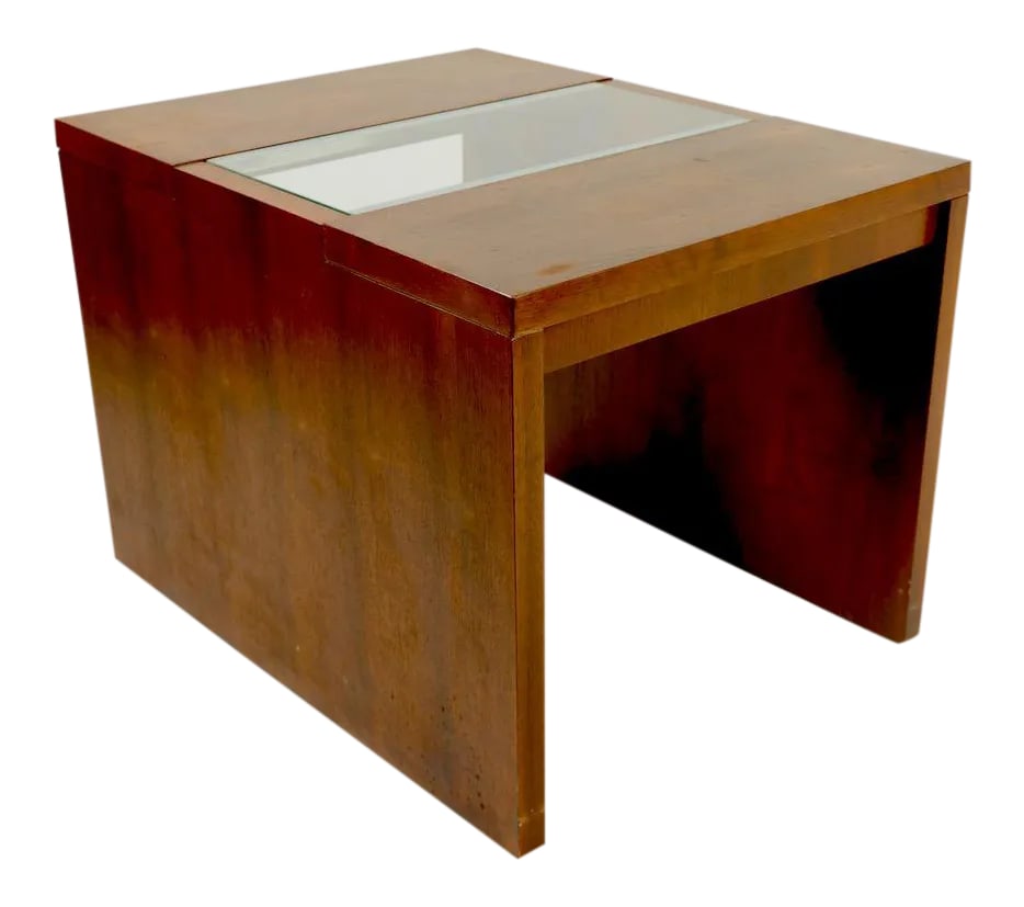 1970's Mid-Century Modern Lane Side Table: Cool 1970' s vintage side, or end table made by Lane Furniture. This table is very substantial, having thick paneled sides and top, with chrome trim supporting a rectangular glass panel insert top.