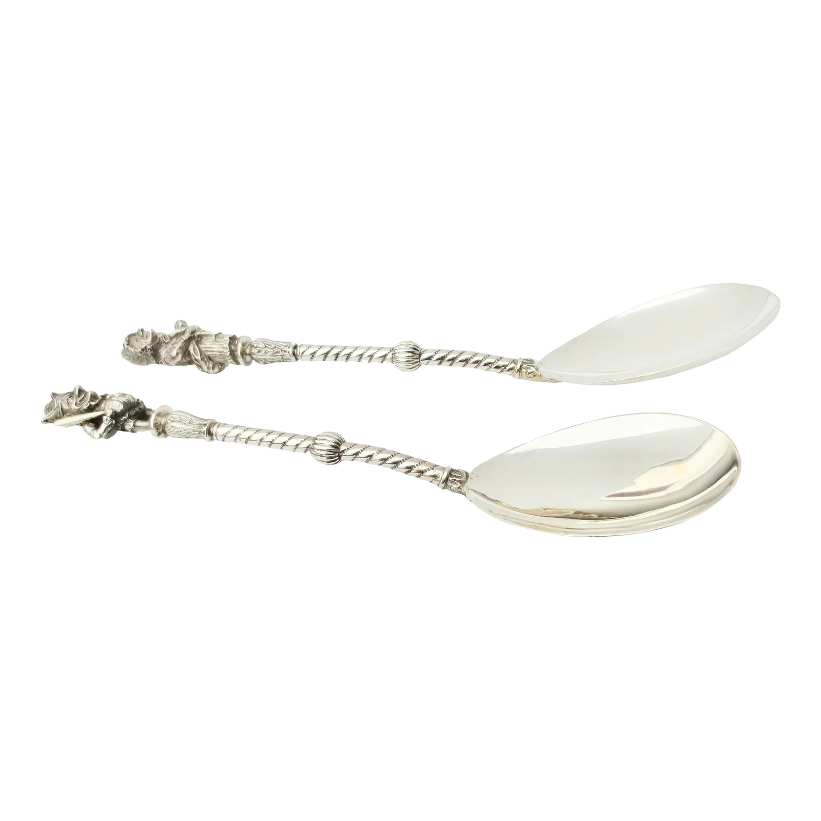 Sterling Silver English Punch & Judy Serving Spoons Dated 1893- a Set of 2: English sterling silver of the Punch and Judy figures on the handles of serving spoons. A popular pair of British folk characters. Large spoons with rope-turned stems and wide deep bowls. The pair