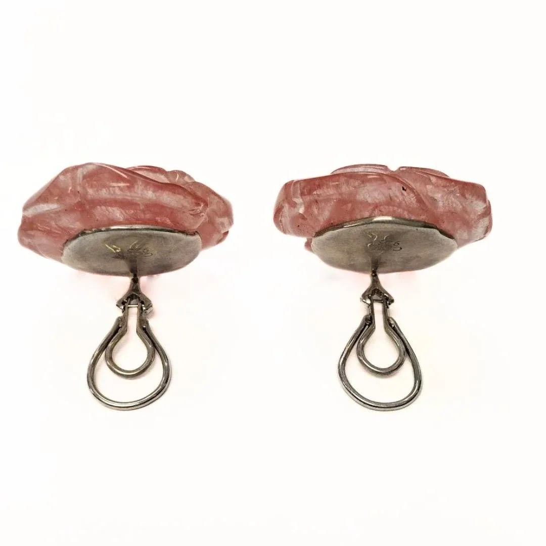 Pair of Christopher Walling Cherry Quartz Glass Roses Earrings - 3