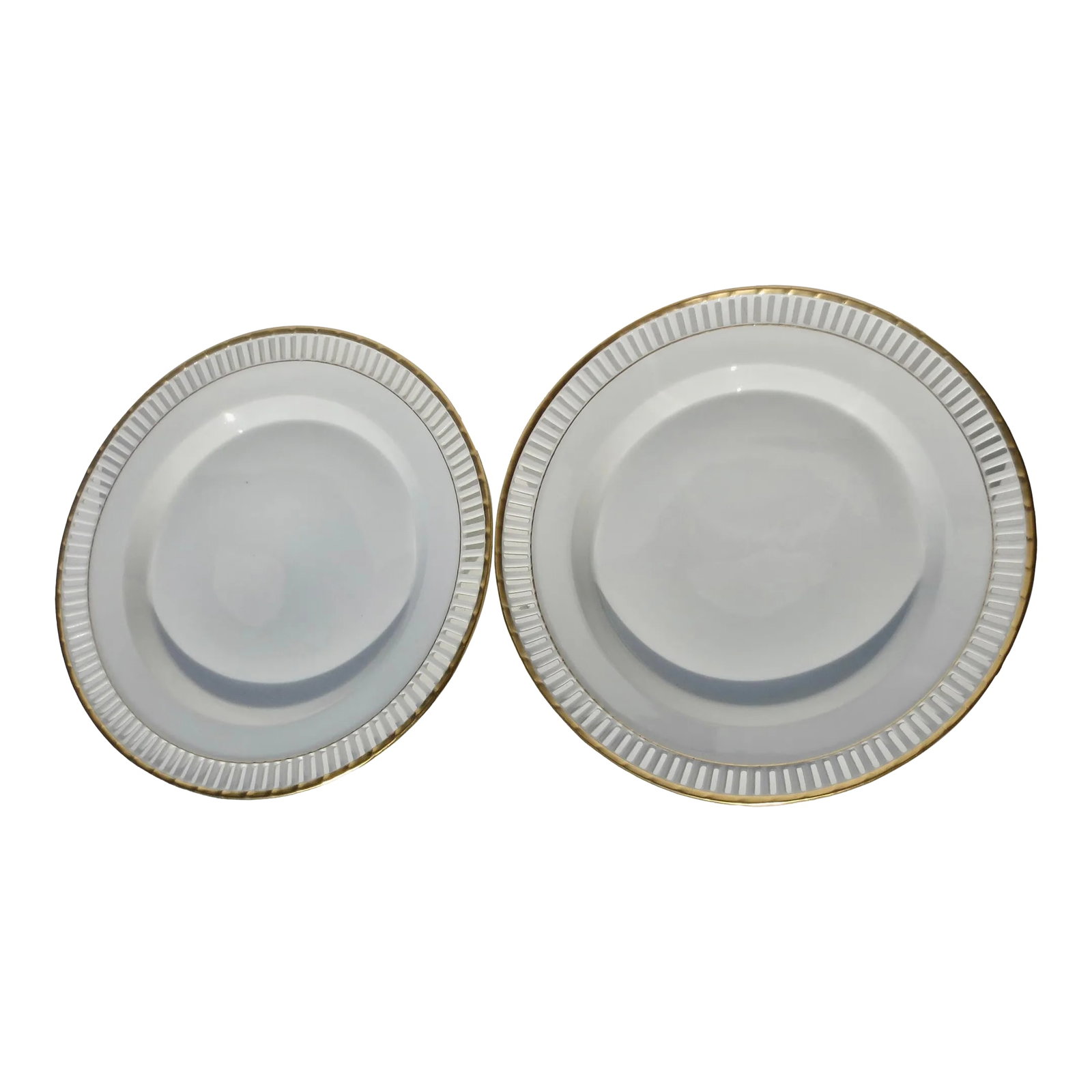 Antique KPM White Porcelain Reticulated Plates- A Pair of 2: Antique KPM golf rim reticulated plates. White body with the KPM marks on the back side indicating 1870-1945). It is likely the turn of the century period. Reticulated rims with gold rims and