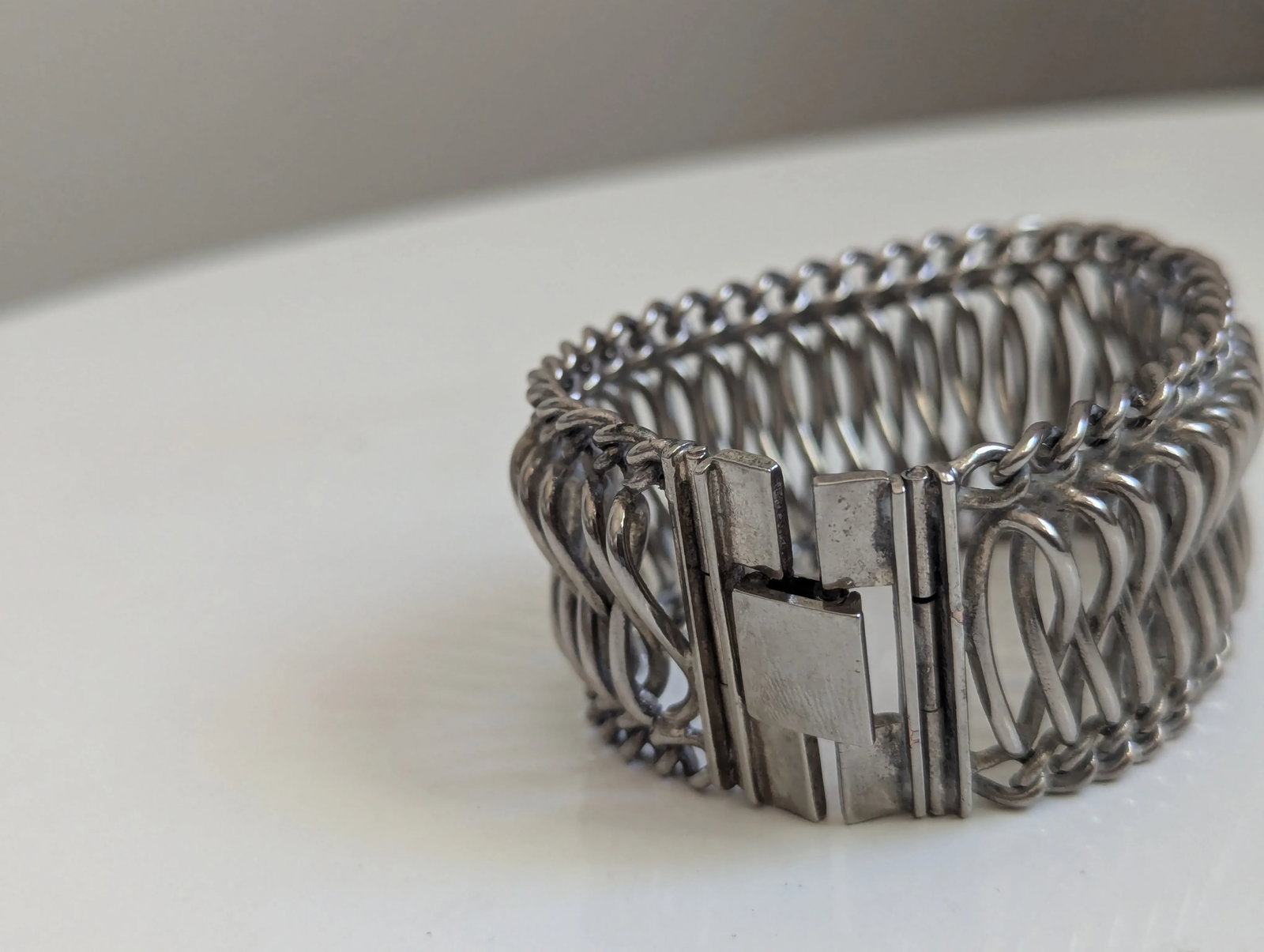 Wide Modernist Woven Silver Cuff Bracelet, Mid-Century - 2