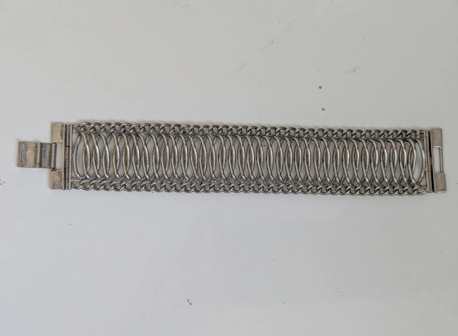Wide Modernist Woven Silver Cuff Bracelet, Mid-Century - 3