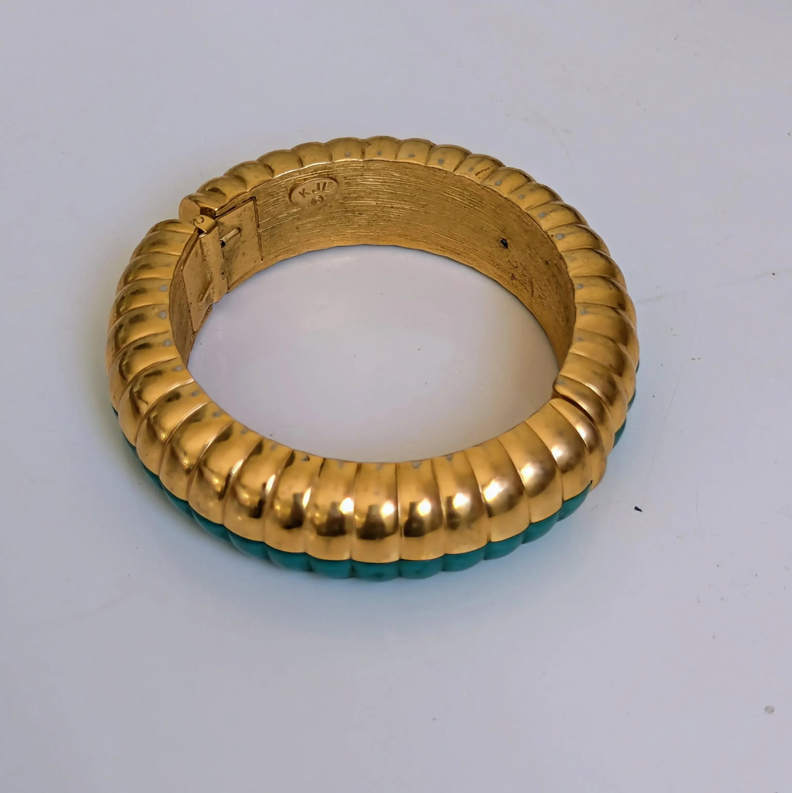 80's Kenneth Jay Lane Teal Enamel and Gold Bangle - 3