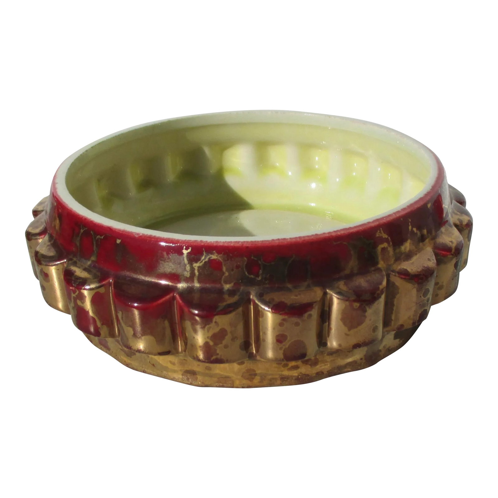 Sevres Porcelain Art Deco Low Bowl Circa 30s: Beautiful Sevres Manufacture Nouvelle Faience circa 30s' bright red and gold in a lustre glaze. An Art Deco low bowl with sculptural half rounds forming the decorative band around the middle. The inte