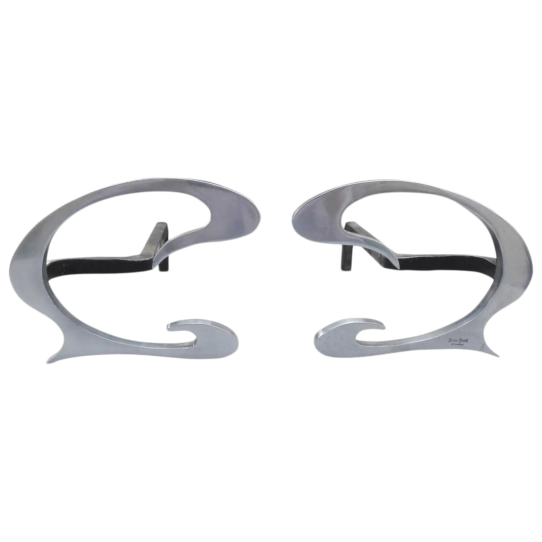 Pair of Stainless Steel 1970s Art Nouveau Andirons by Jean-Paul Creations: Pair of Stainless Steel Andirons by Jean-Paul Creations, France, 1970s. Art Nouveau shaped andirons in pristine condition. Condition: Alterations: Unknown Imperfections: Some Imperfections Condition N