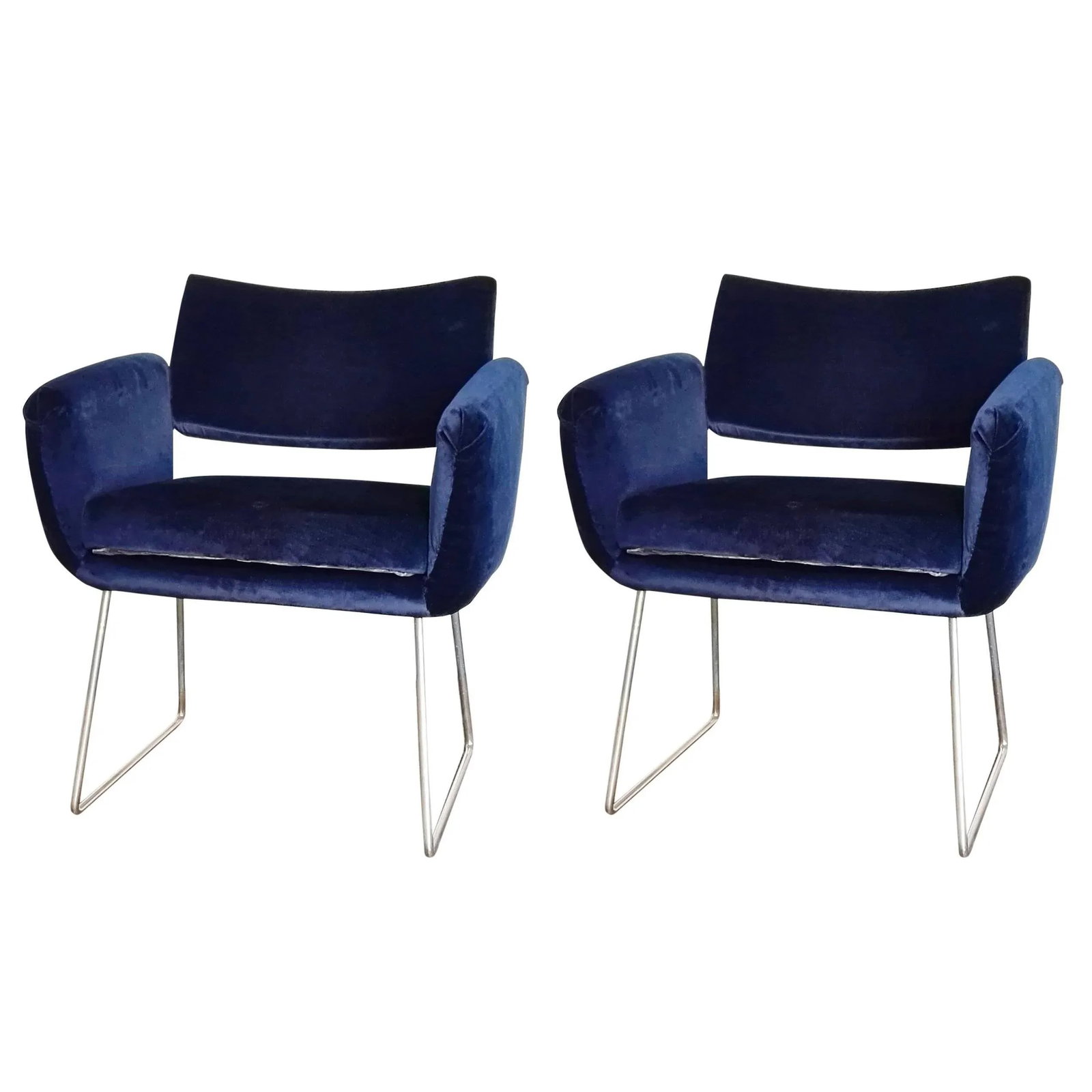 Pair of French Midcentury Modern Blue Velvet 760 Chairs by Joseph Andre Motte - 6