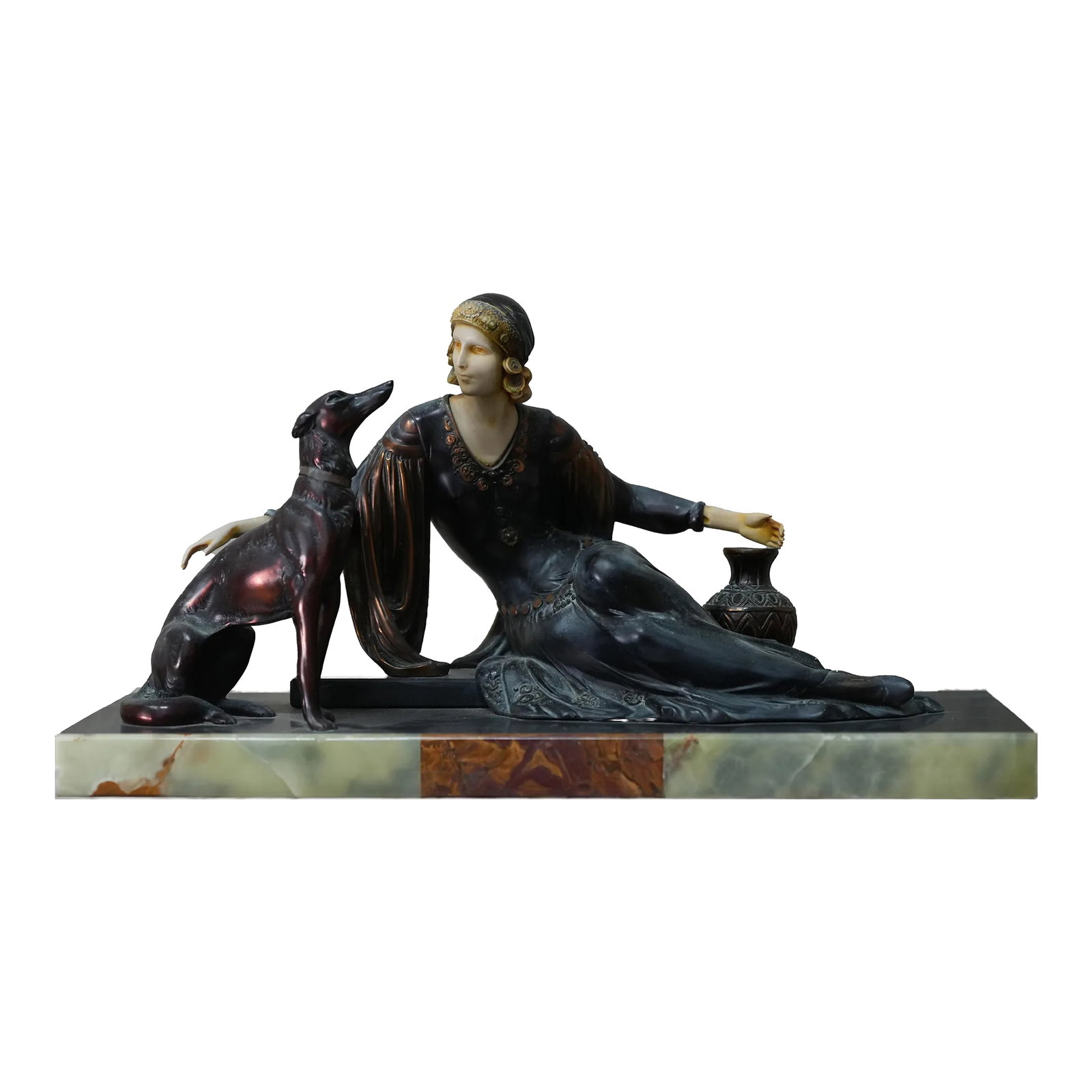 French Art Deco Chryselephantine Sculpture by Menneville & Irenée Rochard 1930: Elegant and iconic French Art Deco group featuring a reclining lady in a flapper dress with two sleek greyhounds, modeled by Menneville (female figure) and Irenée Rochard (greyhounds). The work