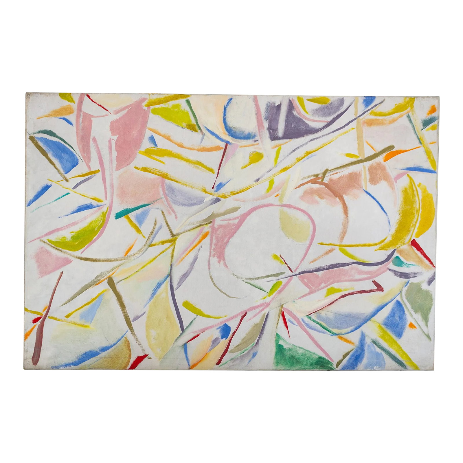 Colorful Abstract Original Painting on Canvas Mid Century Modern: This colorful, abstract original painting on canvas is composed of cheerful and vibrant streaks of pink, blue, chartreuse, yellow, green, orange, and red on a bright white ground. A bubbly