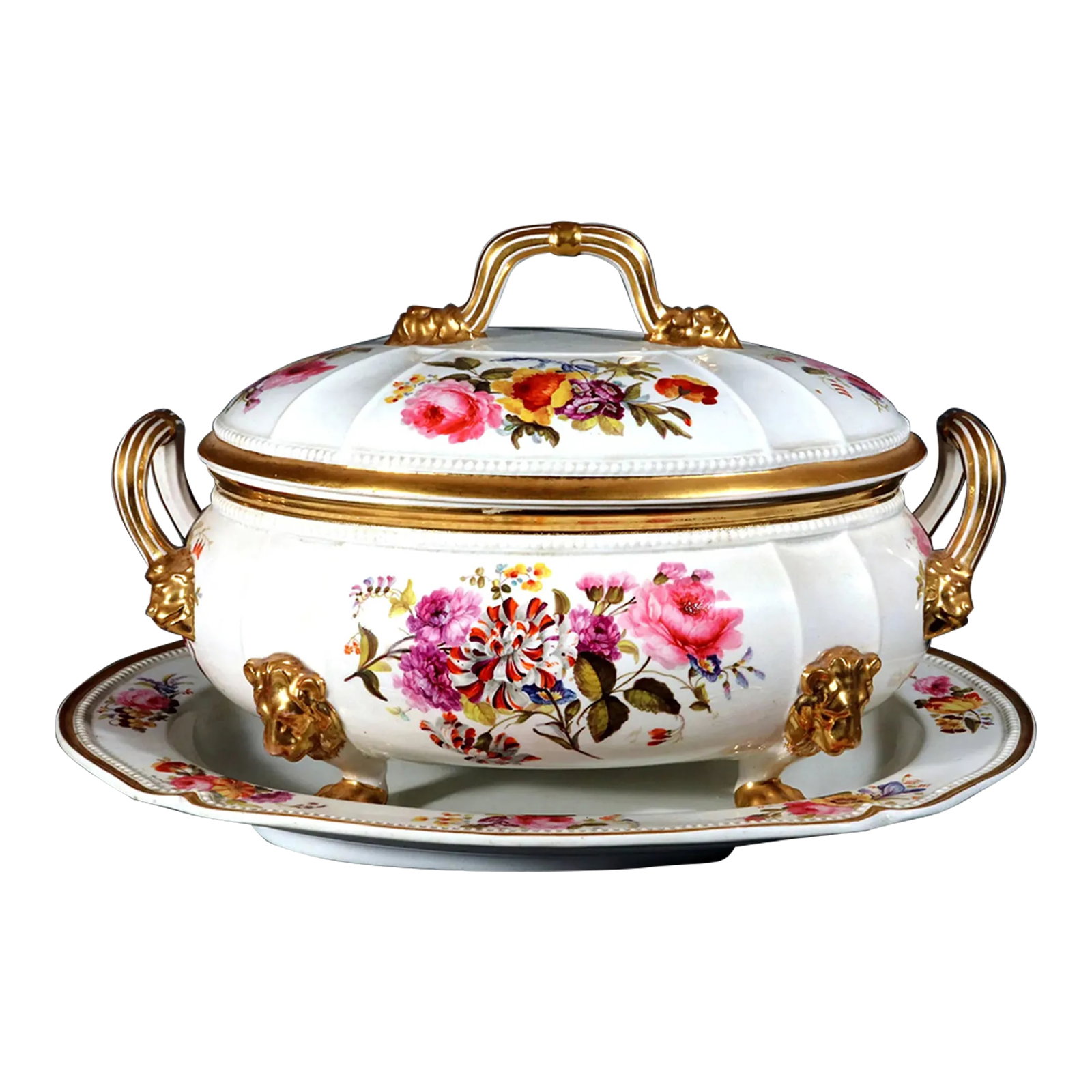 Derby Porcelain Large Botanical Soup Tureen, Cover & Stand: Regal Bloom: A Derby Porcelain Botanical Soup Tureen, Cover, and Stand This is an impressive and finely detailed large soup tureen, cover, and stand, produced by the Derby Porcelain Works during the l