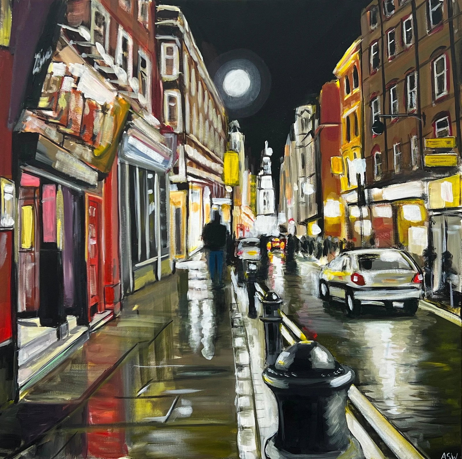 Modern Impressionist Painting of Soho London at Night - Unique Original Art by British Urban Landsca: Modern Impressionist Painting of Soho London at Night by Urban Landscape Artist, Angela Wakefield Art measures 30 x 30 inches Angela Wakefield has produced numerous paintings of London over the last d
