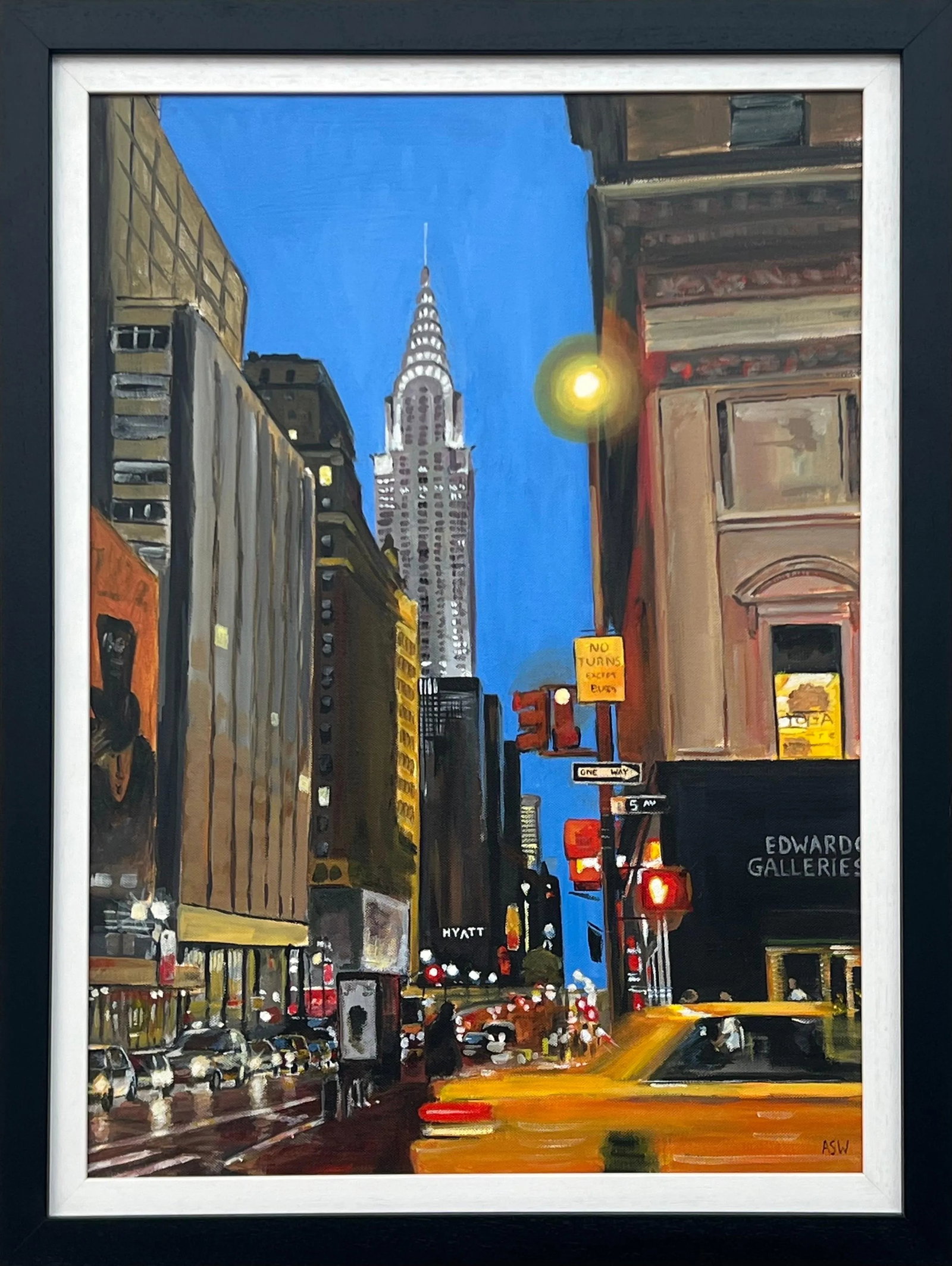 Angela Wakefield, Chrysler Building Taxi Fifth Avenue New York City by Contemporary British Artist,: Chrysler Building Taxi Fifth Avenue New York City by Contemporary British Artist Angela Wakefield. This is a major work from her New York Series. No.26. Art measures 18 x 24 inches Frame measures 23 x