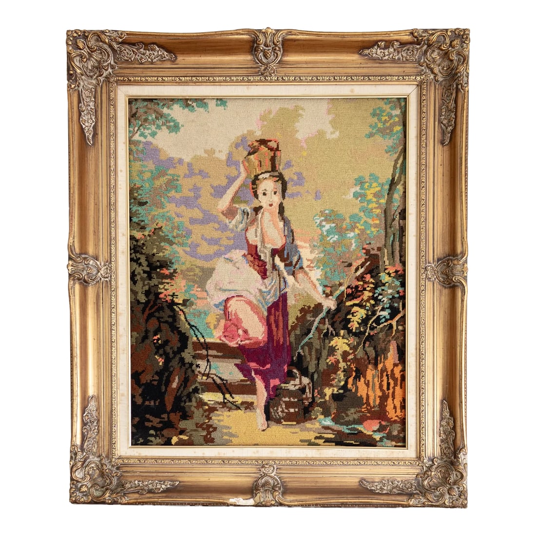 French Needlepoint Tapestry of Jean-Baptiste Huet's La Laitière the Milkmaid: A huge, framed Royal Paris vintage needlepoint tapestry of French artist Jean-Baptiste Huet's 'La Laitière' or The Milkmaid. The large scale of the tapestry, substantial Belgian wood and plaster