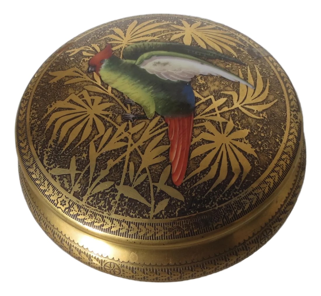 Limoge Porcelain Gilt Vanity Box: Limoge Art Nouveau Gilt porcelain vanity box with mirror gloss and polychrome cockatoo. Heavily gilt around all sides and with the Limoge label on the bottom Limoge France B F the artist initials.