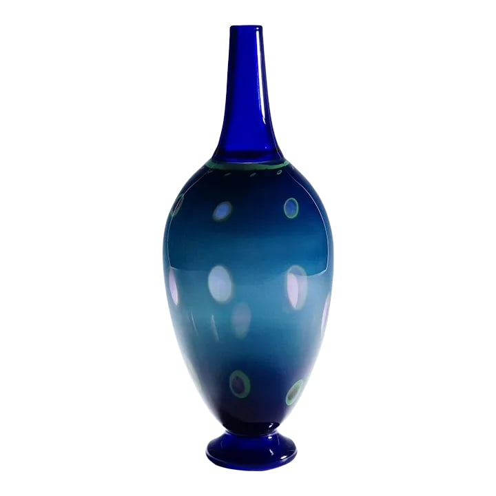 Large Art Glass Vase by Wilke Adolfsson: Large Art Glass Vase by Wilke Adolfsson A large art glass vase designed and manufactured by Swedisch glass artist Wilke Adofsson in 1991. Blue glass with green overlay, ring-shaped cutouts and clear g