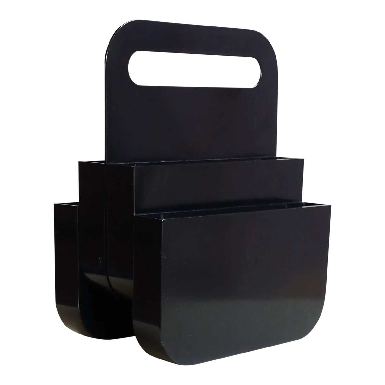 Vintage Italian Black Abs Plastic Magazine Rack by Olaf Von Bohr for Kartell: Sculptural magazine rack/stand in black ABS plastic with four sizable storage sections and handle by Olaf Von Bohr for Kartell (ca. 1970s, Italy). Uncommon model and color, long out of of production.