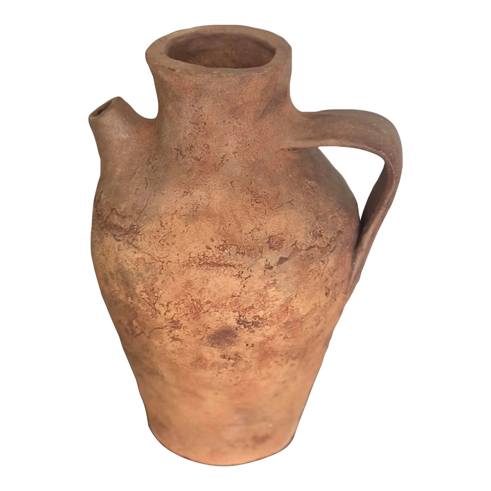Vintage Primitive Clay Vessel Jug: Rustic vintage clay vessel with a charming primitive design, crafted from terracotta with a natural earthy finish. Perfect as a decorative accent or functional piece, this pitcher jug adds timeless