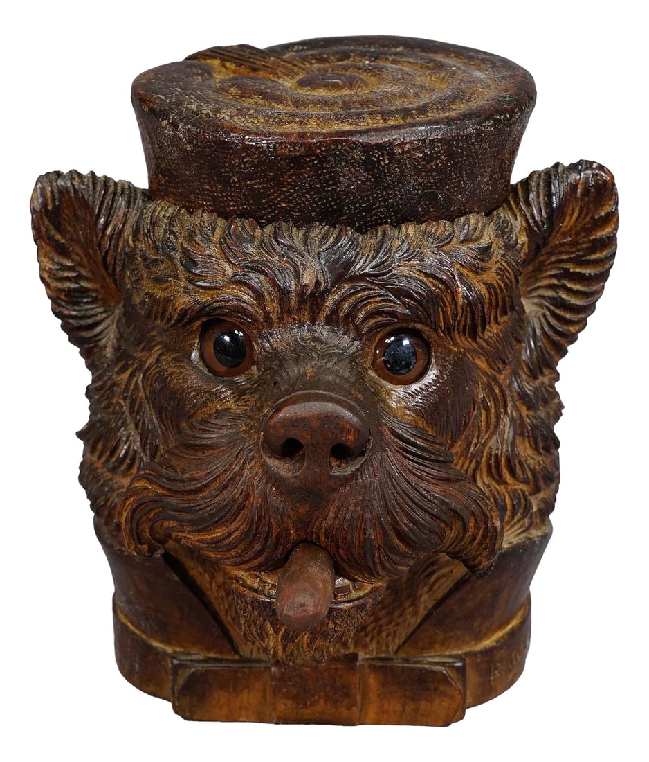 Arrow Leftarrow Right Pinterest Button a Wooden Carved Black Forest Tobacco Box Terrier Head Ca. 190 (1 of 8)