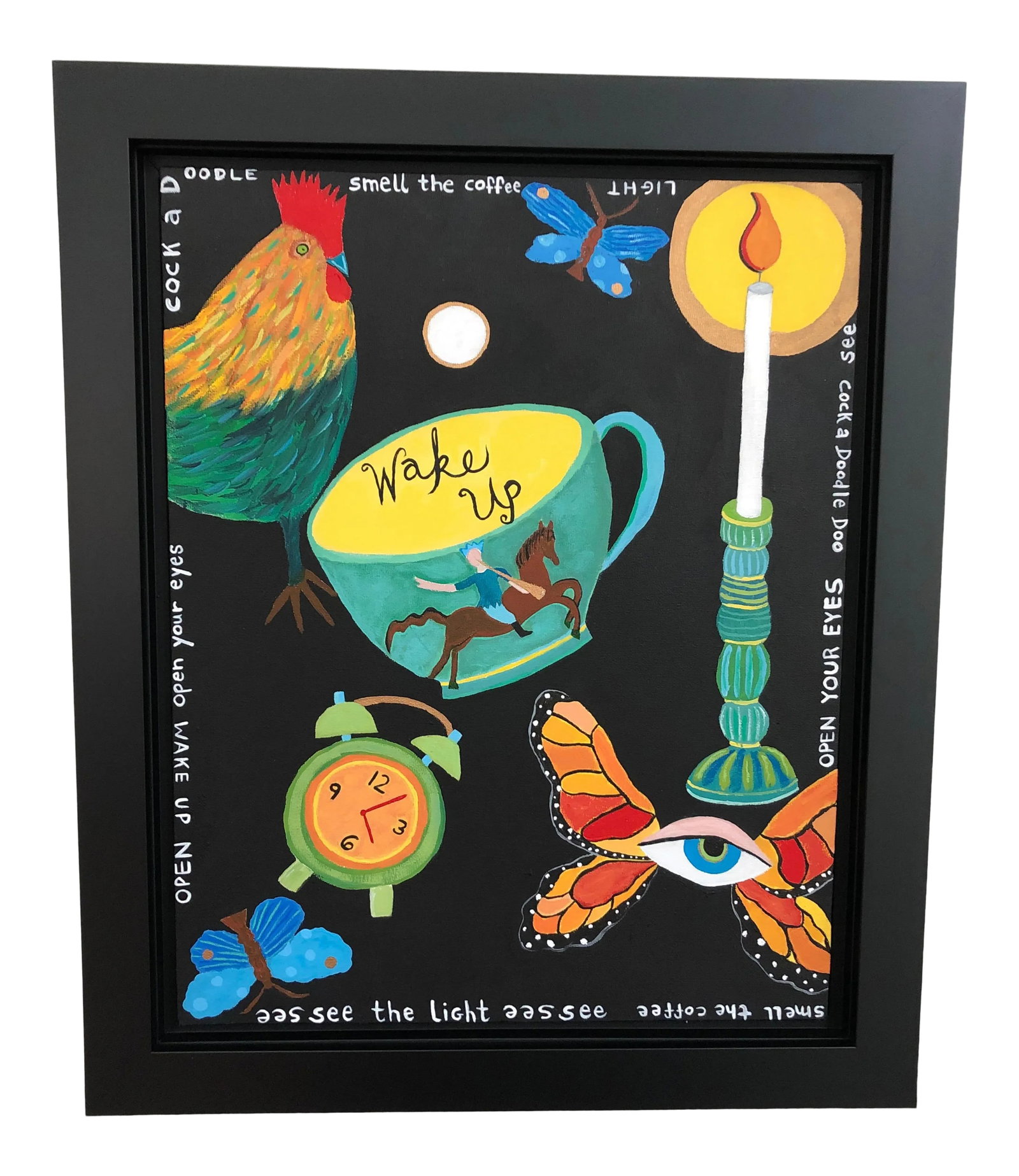 Contemporary Original Painting on Canvas: Fun and thought provoking bold painting on canvas with the message Wake Up as a call to awakening greater awareness. Beautiful contemporary double black frame. Condition: Imperfections: No