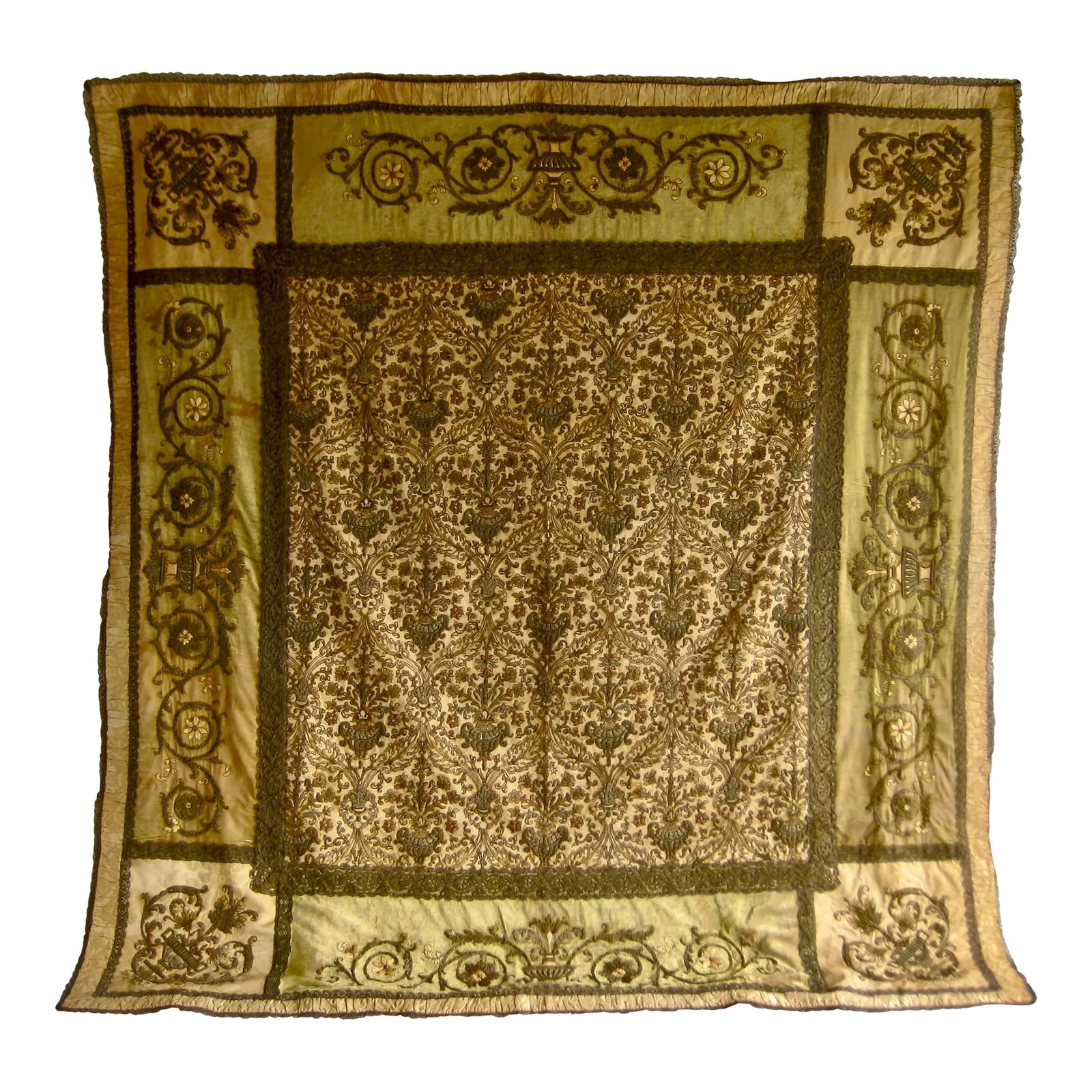 Late 19th Century Gold and Silver Embroidered Velvet Tablecloth or Cover: Stunning and impressive embroidery using metallic gold and silver threads in the shape of flowers, urns and volutes on silk and silk velvet , you will find also stunning large trims all over , very ri