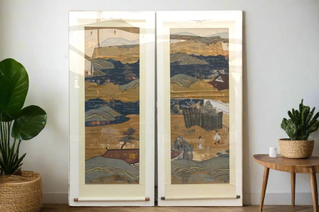 Set of 2, Tall Antique Japanese Nature Scroll Paintings - 2