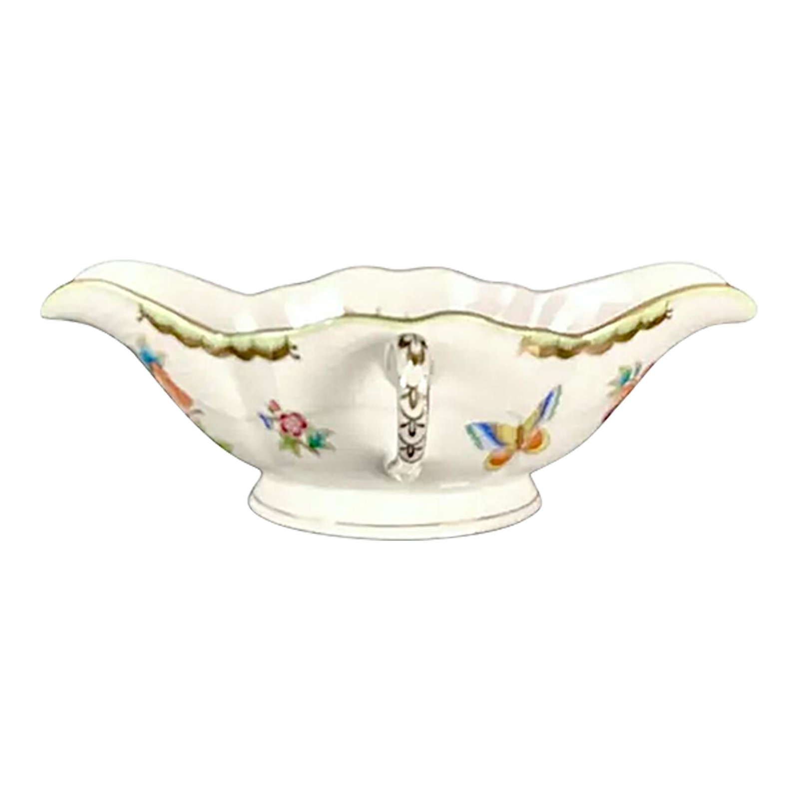 Herend Queen Victoria Gravy Boat: Rare Herend Queen Victoria Gravy Boat. Gravy boat is hand-painted with butterflies and florals on a white background with gold trim throughout, giving the piece a charming, nature-inspired touch.