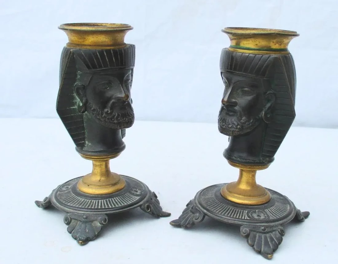 Egyptian Revival Bronze Candlesticks - a Pair - 2