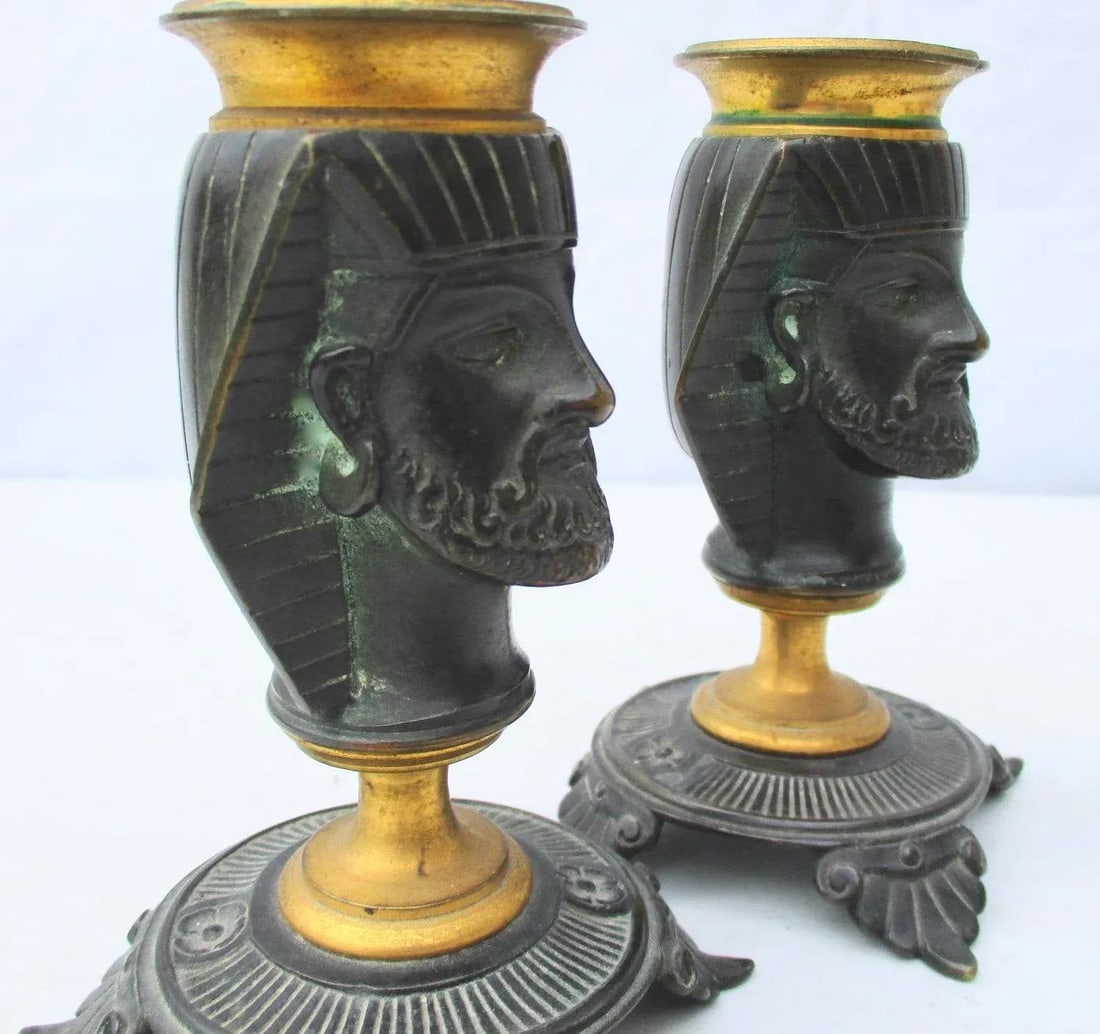 Egyptian Revival Bronze Candlesticks - a Pair - 5