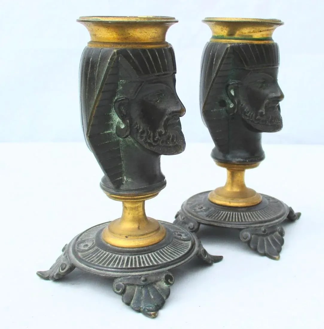 Egyptian Revival Bronze Candlesticks - a Pair - 6