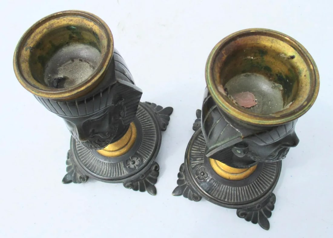 Egyptian Revival Bronze Candlesticks - a Pair - 7