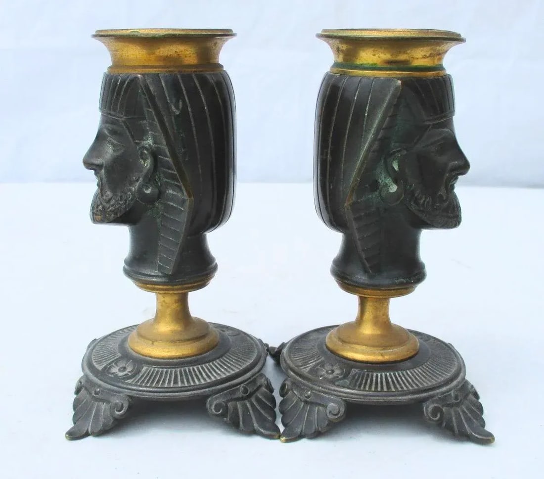 Egyptian Revival Bronze Candlesticks - a Pair - 8