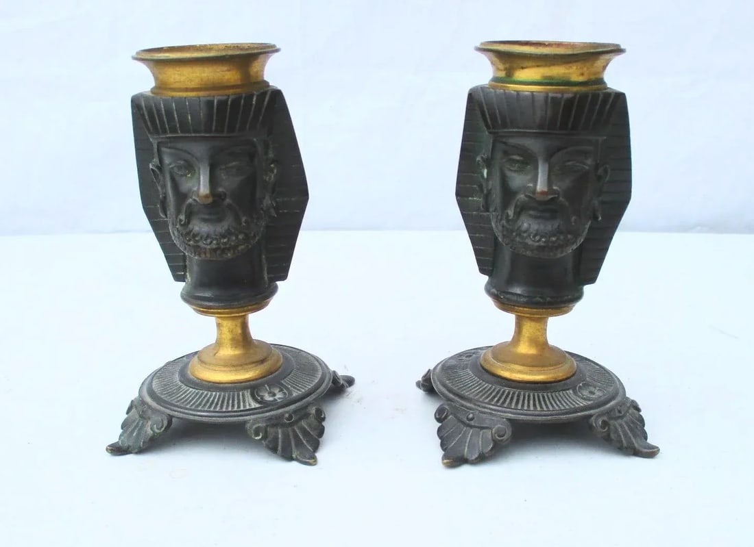 Egyptian Revival Bronze Candlesticks - a Pair - 9