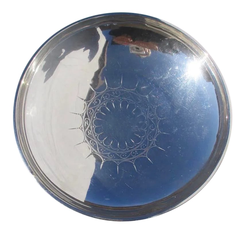 Wallace Sterling Bowl in Ancient Roman Design: Roman design in Sterling by Wallace. Shallow decorative bowl or serving piece with incised pattern in classic Roman style.Mirror gloss surface with a small rolled rim. Size 7.1" diameter 1.5" tall.