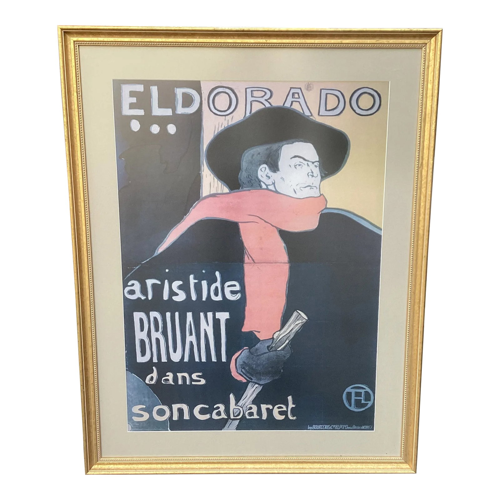 Large Framed Eldorado Artistide Bruant Dans Soncabaret Poster by Toulouse Laurtrec: Fun French vintage poster. Gold frame, ready to hang. 33.5 w x 43" h. Condition: Alterations: Original Condition Unaltered Imperfections: Some Imperfections Condition Notes: Very good condition.