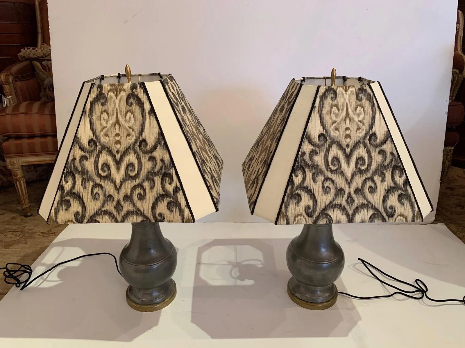 Pewter and Brass Table Lamps With Custom Shades - a Pair - 12