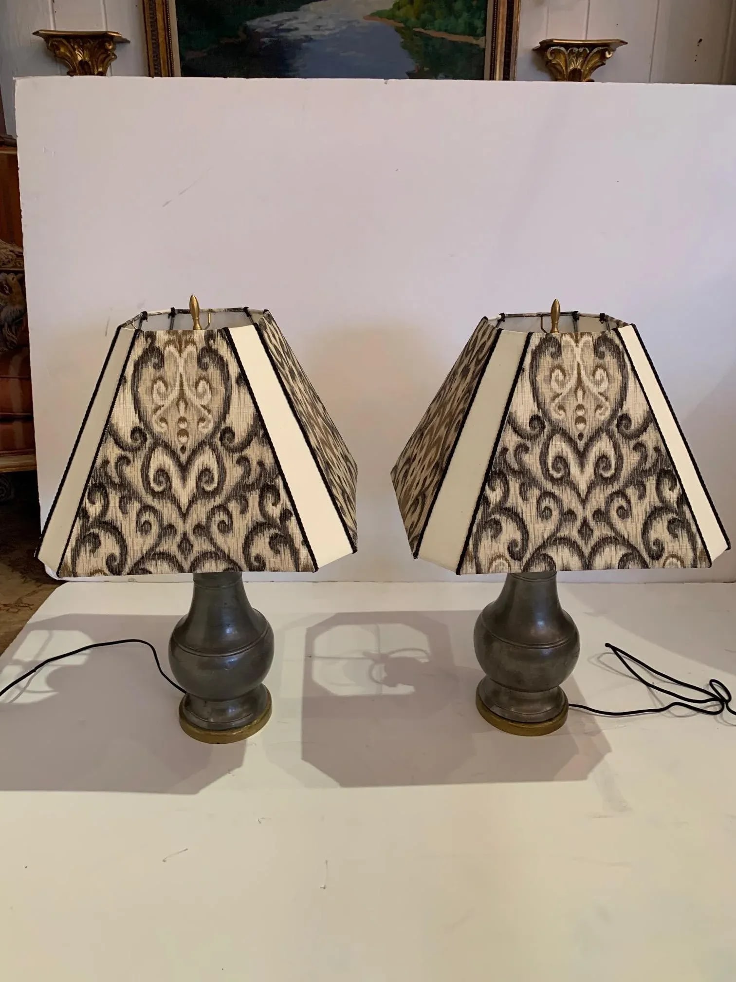 Pewter and Brass Table Lamps With Custom Shades - a Pair - 7