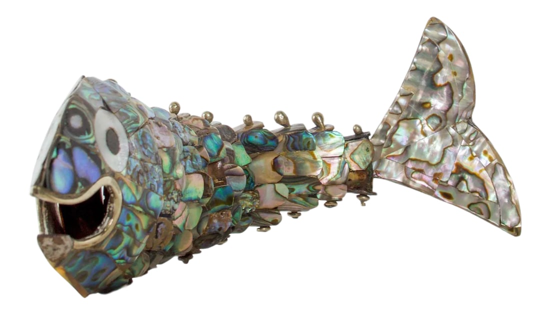 Los Castillo Abalone Brass Fish Bottle Opener #1 Mexico: For you: Exquisite Los Castillo Abalone Brass Fish Bottle Opener Mexico 1970s No markings present. Dimensions: 8" L x 1" W x 2" H Fabulous piece. Original Vintage Presentation. Need to note upon