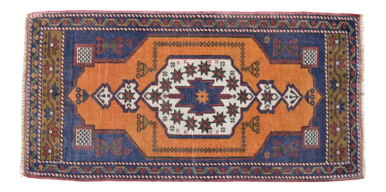 Hand Knotted Small Oushak Rug. Low Pile Entryway Decor DoorMat - 23'' X 46'': An authentic 1970s hand-knotted small rug from Nigde – Tashpinar, Central Anatolia. This charming piece features a vibrant coral-orange field framed by indigo blue corners and moss-green