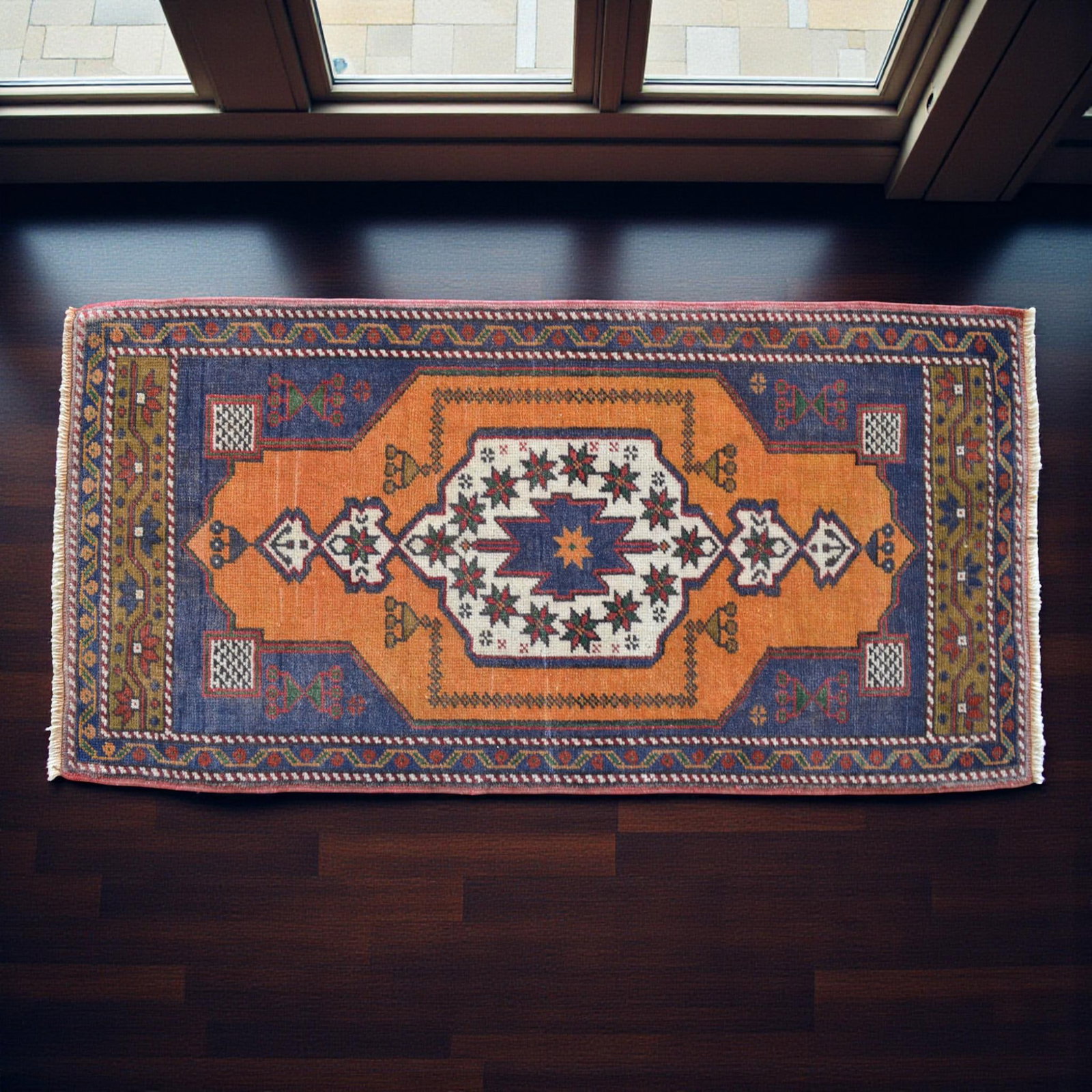 Hand Knotted Small Oushak Rug. Low Pile Entryway Decor DoorMat - 23'' X 46'' - 3