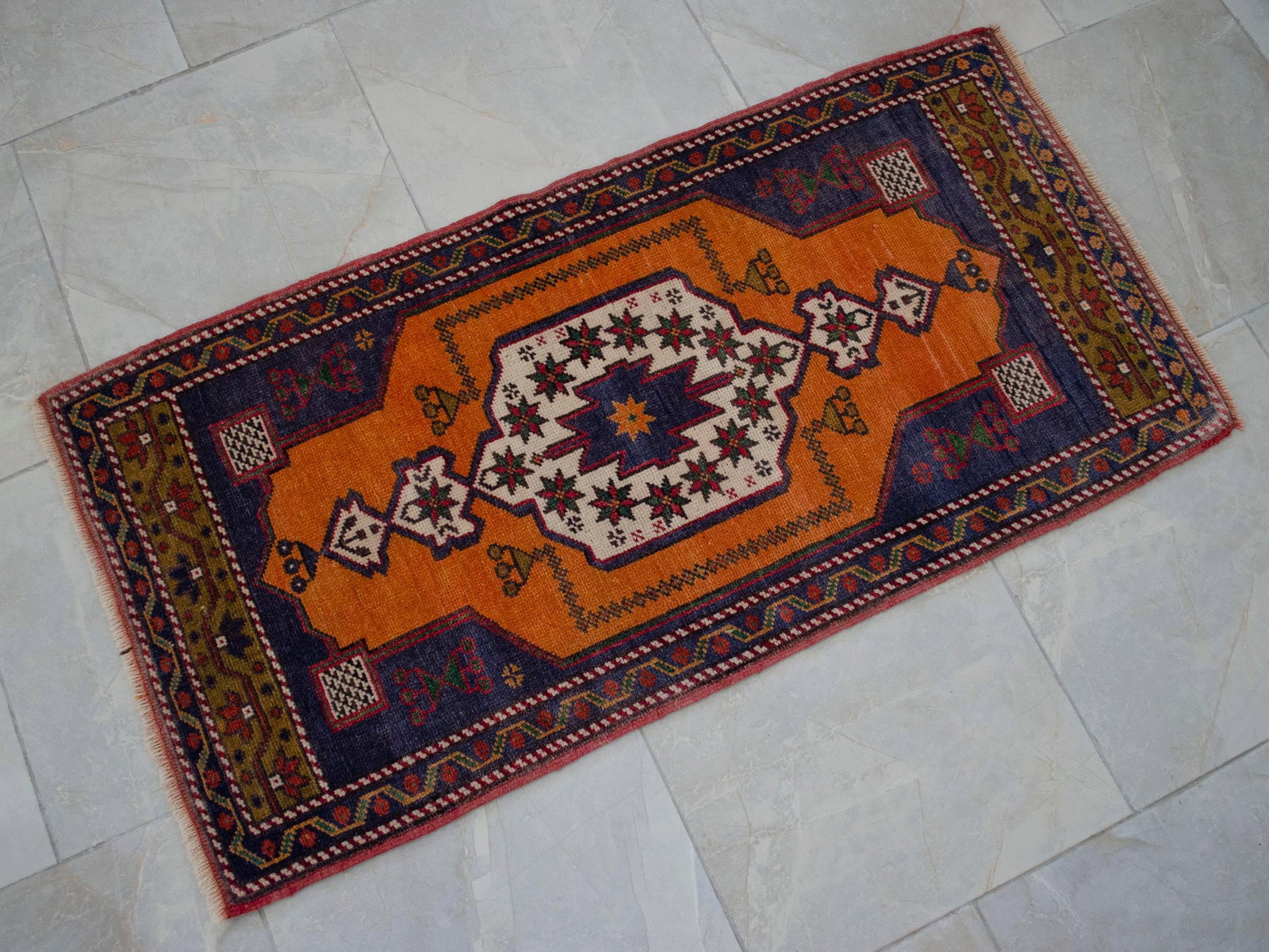 Hand Knotted Small Oushak Rug. Low Pile Entryway Decor DoorMat - 23'' X 46'' - 5