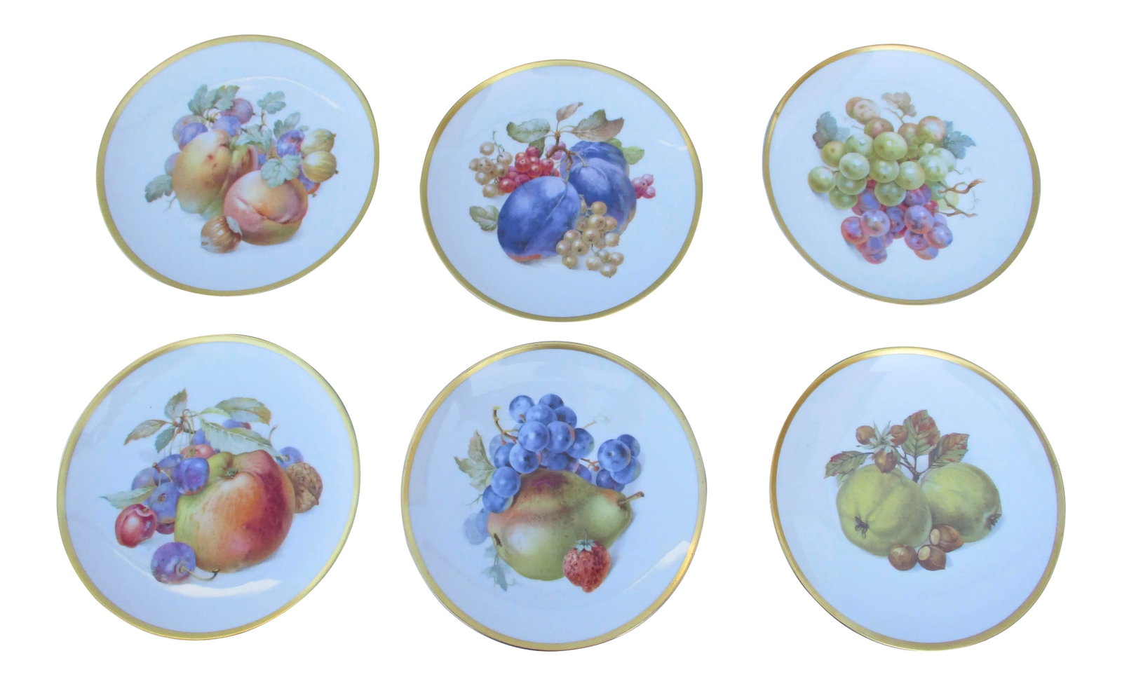 Vintage Bavarian Fruit Plates - Set of 6: Set of fruit serving plates with six fruit design centers and gilt rims. Size 7.6" diameters. Marked to reverse Bavaria Germany with factory logos. All images in very fine pastel groups of fruits,