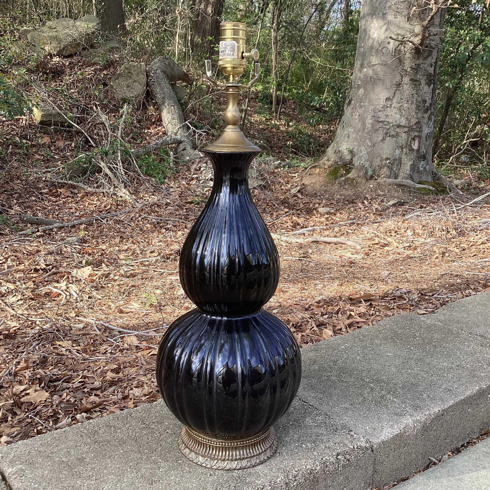 Vintage Black Gourd Table Lamp With Aged Brass Base and Linen Drum Shade - 2