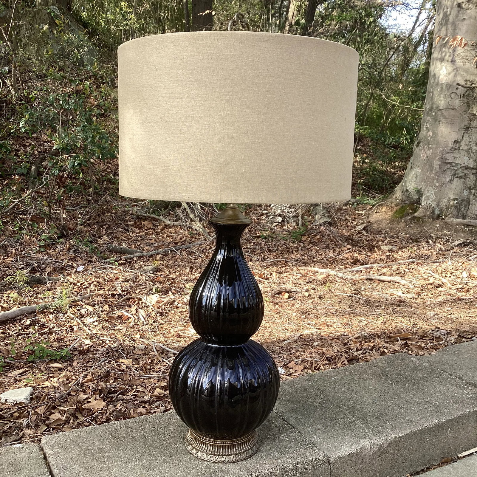 Vintage Black Gourd Table Lamp With Aged Brass Base and Linen Drum Shade - 6