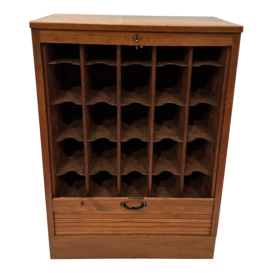 Antique Belgian Oak Wine Cabinet: Handsome functional oak wine cabinet from Belgium having accordion sliding front which opens to reveal room for 15 wine bottles. Details Dimensions Height: 41.5 in (105.41 cm) Width: 30 in (76.2 cm)