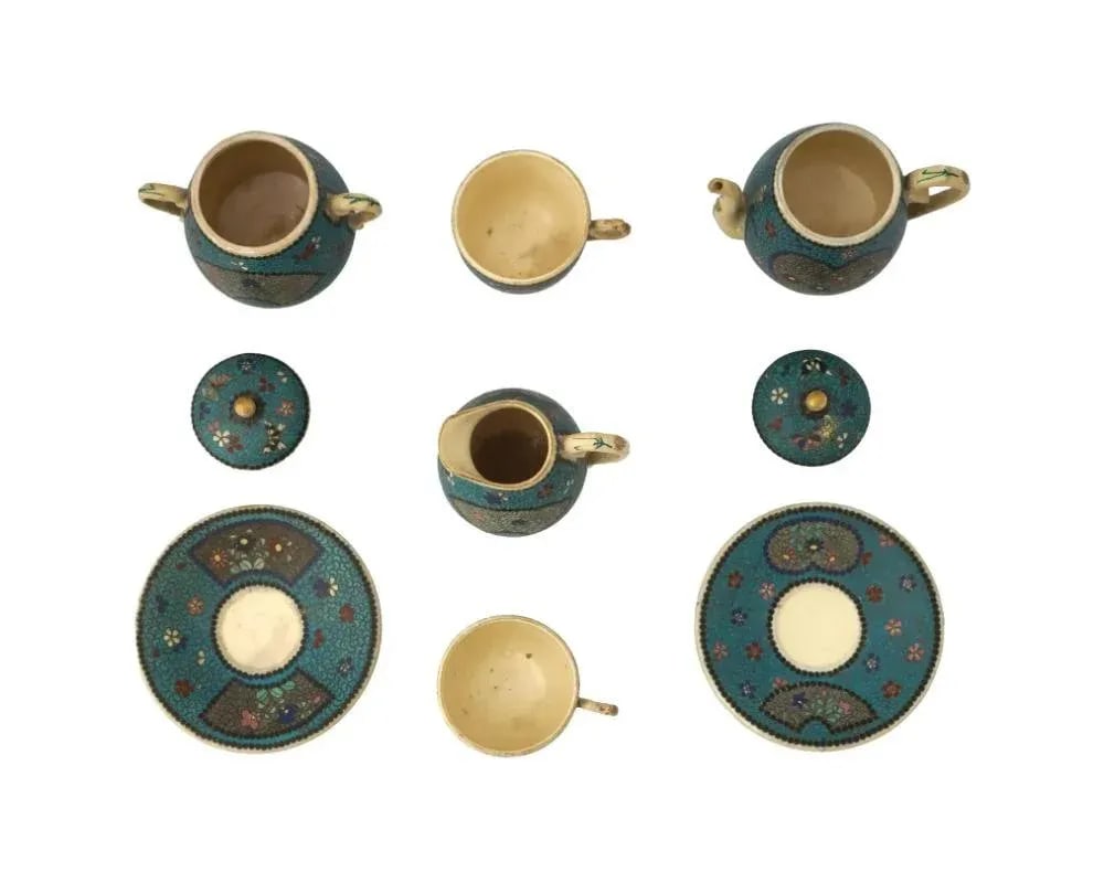 19th Century Japanese Cloisonne Enamel Ceramic Tea Set of 7 Pieces - 3