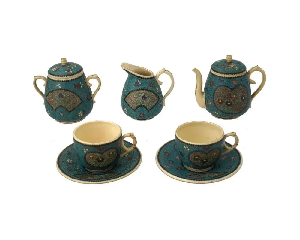 19th Century Japanese Cloisonne Enamel Ceramic Tea Set of 7 Pieces - 5