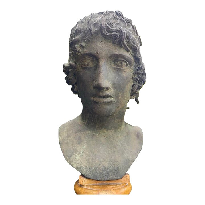 Grand Tour Bronze and Marble Bust of a Youth: An exquisite Italian Grand Tour verdigris bronze bust titled "Eros as a Young Boy", also known as a Mellephebe, after the antique original unearthed at Herculaneum. Cast by the renowned Fonderia